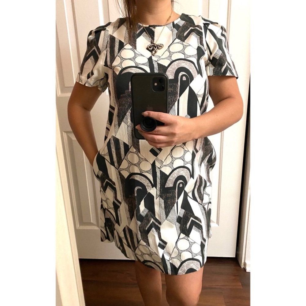 ELIOT Black Cream Vintage Short Sleeve Abstract Geometric Mini Dress Size 2 - Picture 2 of 10